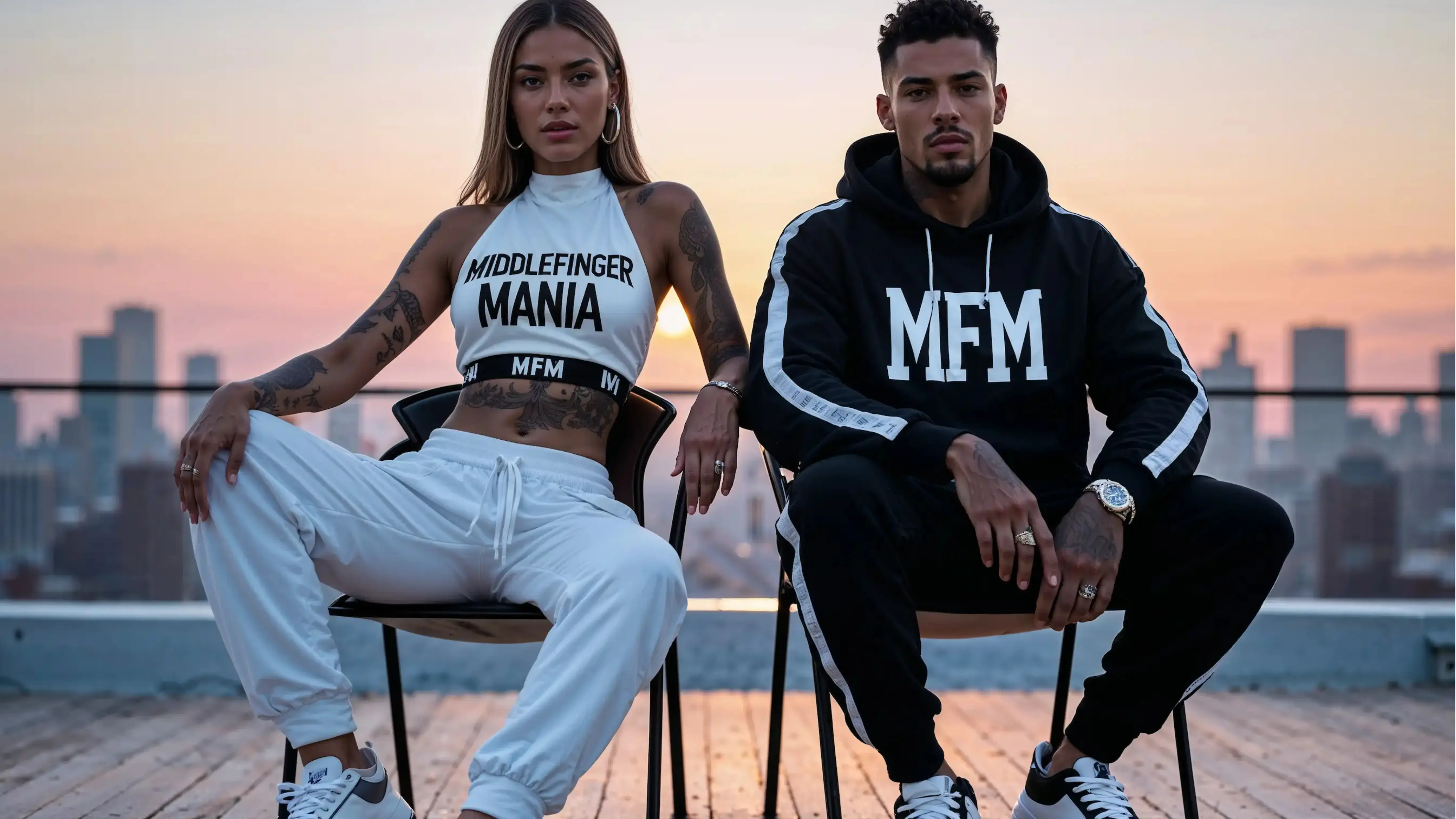 Zwei Models tragen Middlefinger Mania Streetwear - weiß Crop-Top und schwarzer Hoodie - auf einem Rooftop bei Sonnenuntergang